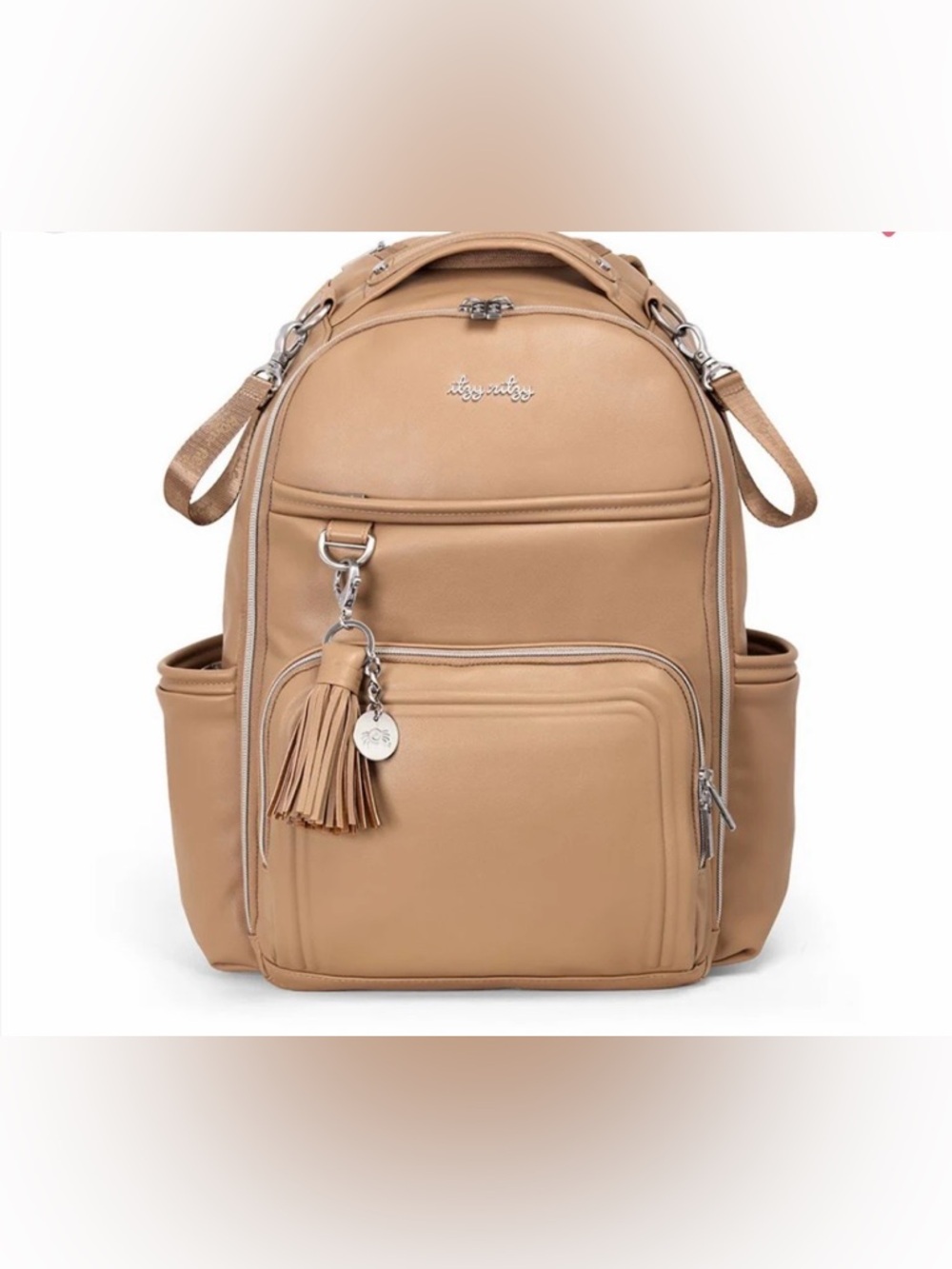 Itzy Ritzy Tan Faux-Leather Convertible Backpack with Tassel Charm